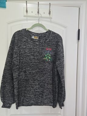 Black Marled Christmas Sweater with Embroidered Tree